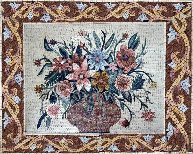 Mosaico enmarcado. Decoración floral.