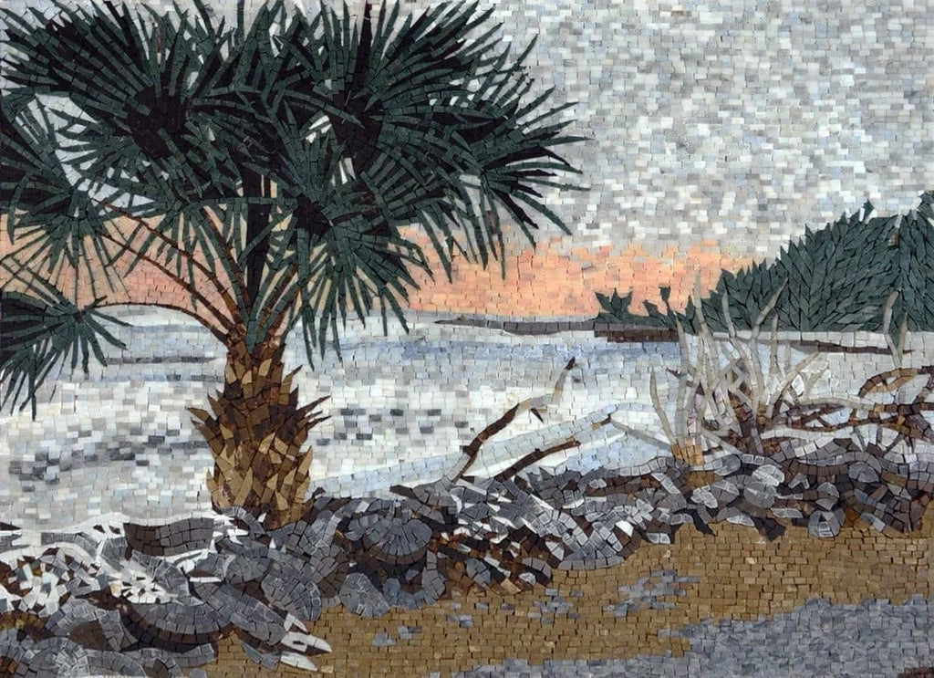 Palme del mosaico di vista sul mare dell'isola