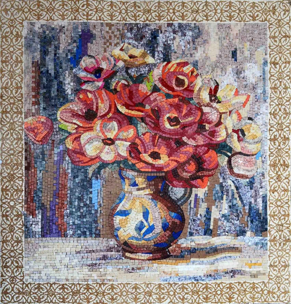 Floral Still Life - Marble Mosaic Cosmos Bouquet - Mesh Backing