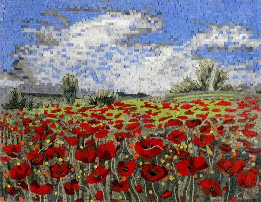 Paisaje de campo de mosaico de flores de amapola