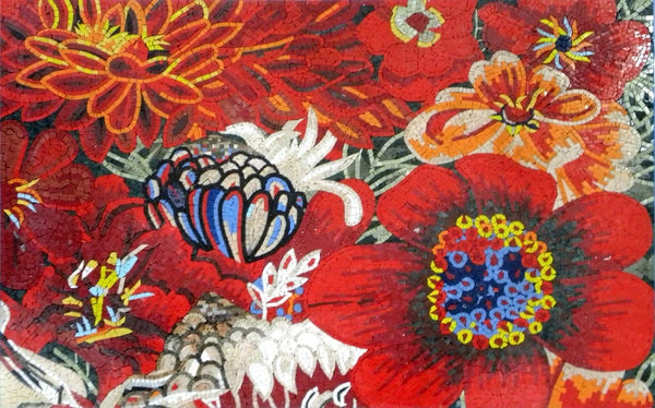 Vibrant Floral Arrangement - Marble Mosaic Tile Art Vermont Red - Mesh Backing