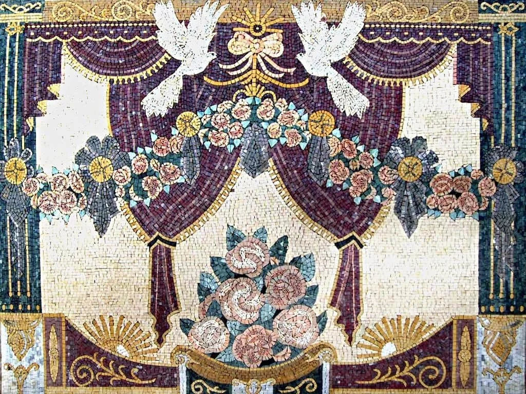 Arte de parede em mosaico - flores e pombas
