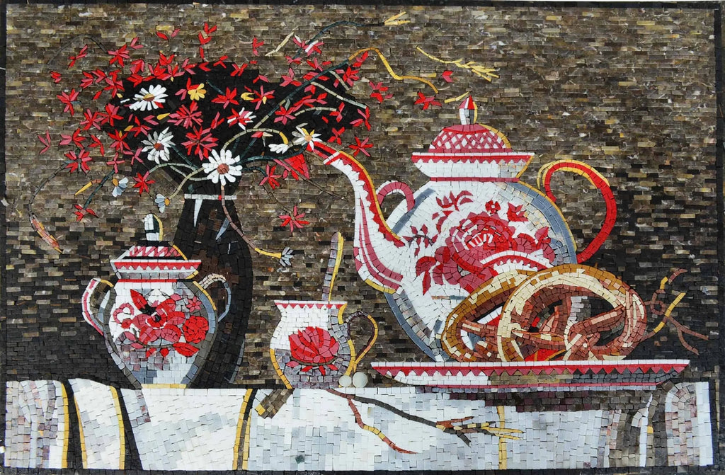 Mural de mosaico de tetera de iris rosa | Alimentos y Bebidas | Mozaico