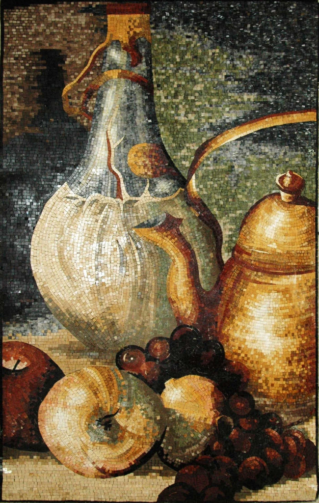 Natureza morta com bule de chá e arte em mosaico de frutas | Alimentos e Bebidas | mosaico