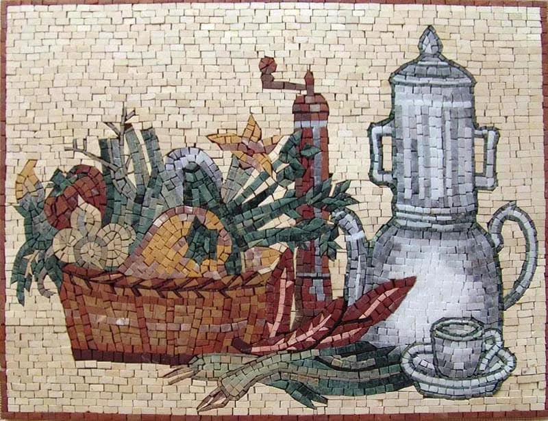 Hora del café - Arte del mosaico del protector contra salpicaduras de la cocina | Alimentos y Bebidas | Mozaico