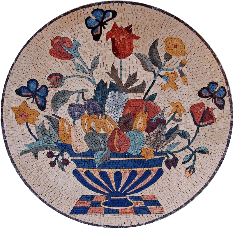 Vaso de Flores e Frutas Medalhão em Mosaico | Alimentos e Bebidas | mosaico