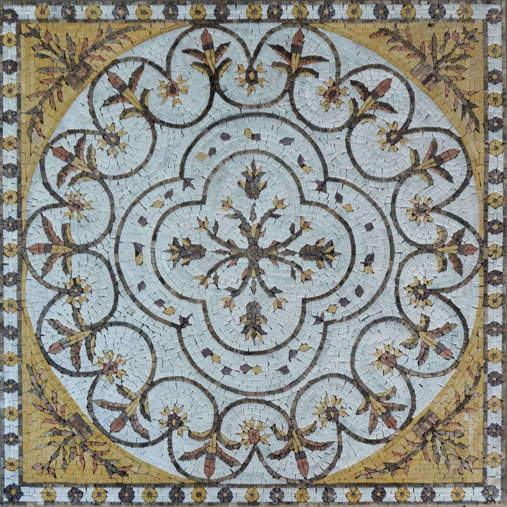 Arte de pared de mosaico botánico e incrustaciones de piso