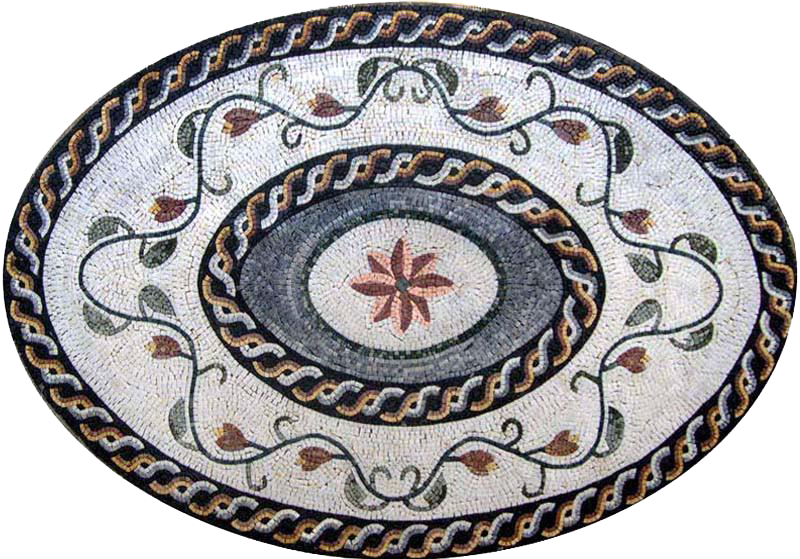 Arte em mosaico oval com flor rosa no meio