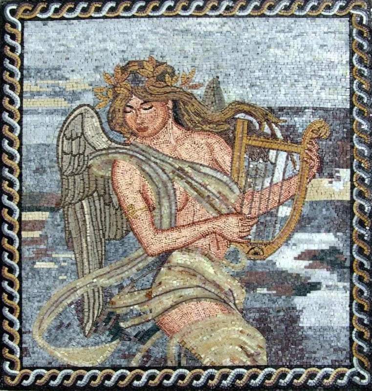 Ángel con mosaico de piedra de lira
