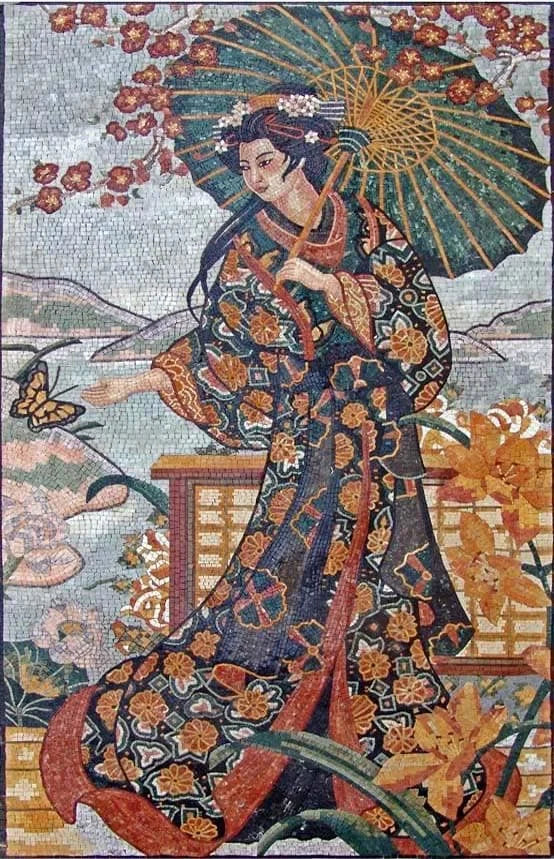 Encantador mural de mosaico de mármore de gueixa japonesa