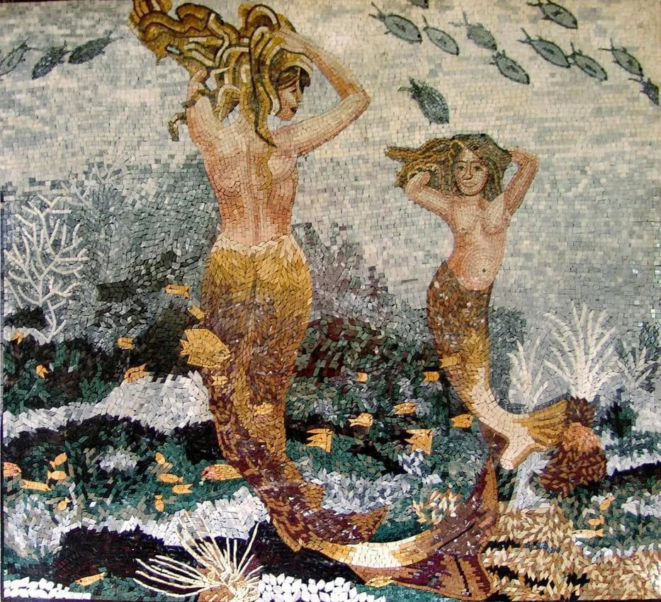 Mosaico de arte de piedra de sirenas bailando