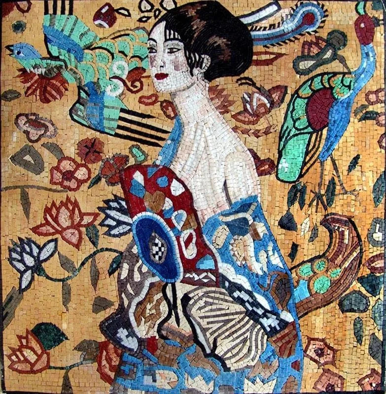 Dama con abanico de Gustav Klimt - Reproducción de arte en mosaico