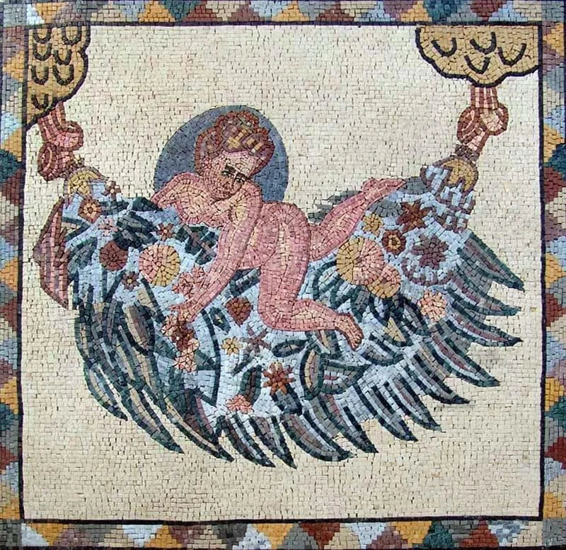 Mural de mosaico de ángel romano hecho a mano