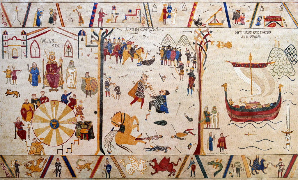 Reproduction murale en mosaïque de l'histoire du roi Arthur