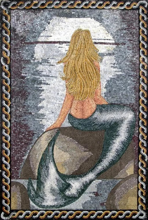 Seated Figure - Marble Mosaic Little Mermaid Art - Mesh Backing