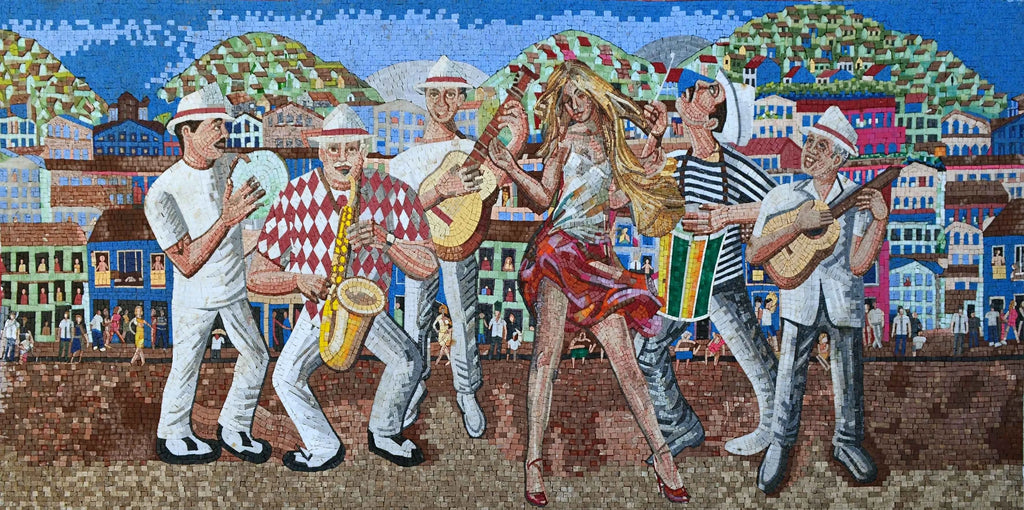 Mural de mosaico de mármore - dançarina de samba com músicos