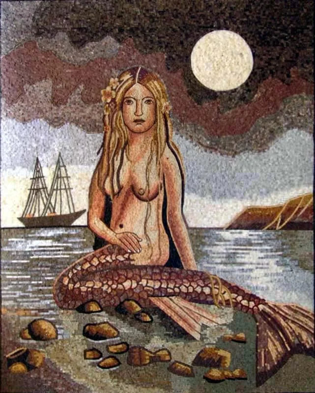 Retrato de arte mosaico de sirena de fantasía náutica