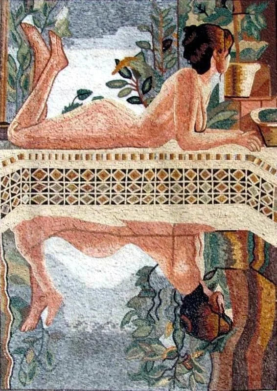Figure Pool Geometric Art - Marble Mosaic Fish Nude Swimming Tiles - Mesh Backing