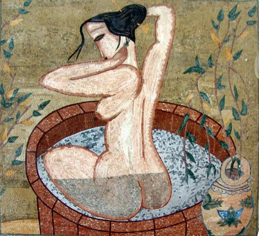 Arte de mosaico de mármol desnudo de baño antiguo