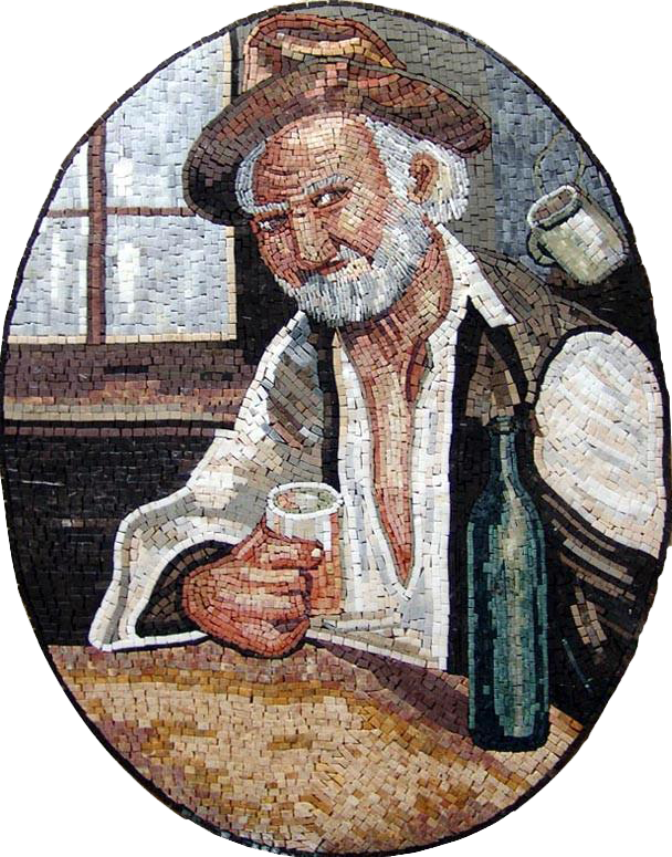 Vieil homme avec une bouteille de vin mosaïque murale en marbre