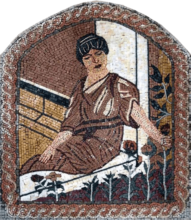 Donna seduta al murale del mosaico di pietra della finestra