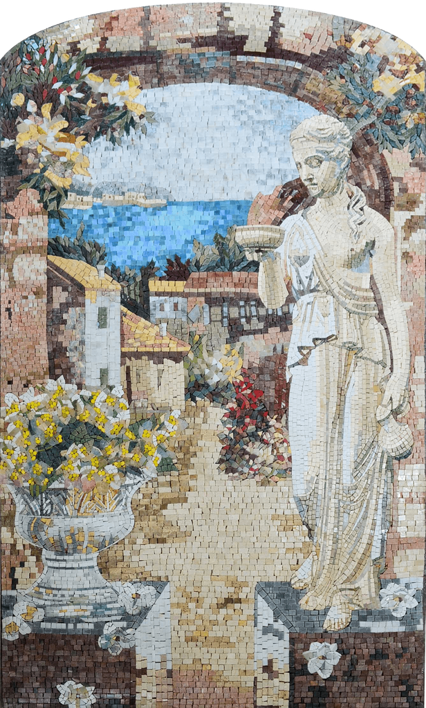 Statue à l'entrée du village mosaïque murale en marbre