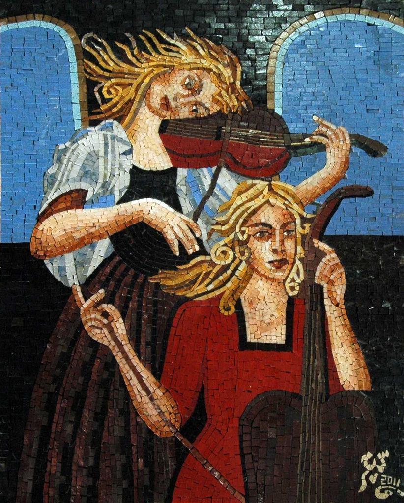 Arte mosaico hecho a mano de dos músicos femeninos