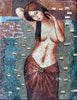 Mujer en un lago de mosaico de flores de loto