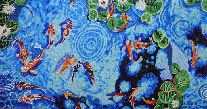 Un groupe de poissons Koi dans un étang - Oeuvre de mosaïque | Vie marine et nautique | Mozaïco