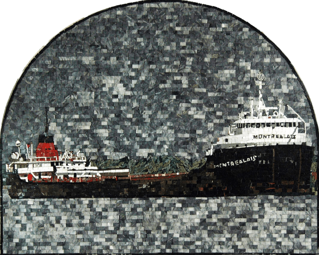 Escena de barco en un mosaico de diseño arqueado