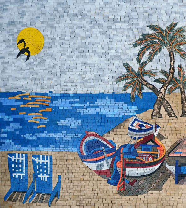 Beach Scene Boat - Marble Mosaic Tiles - Mesh Backing