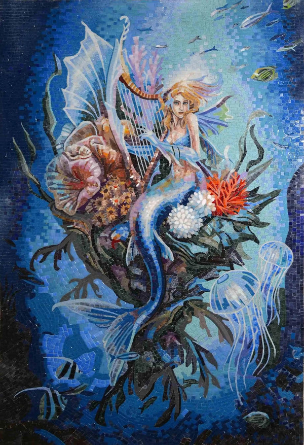 Mermaid Playing the Harp – Underwater Fantasy Marble Mosaic Wall Art - Mesh Backing