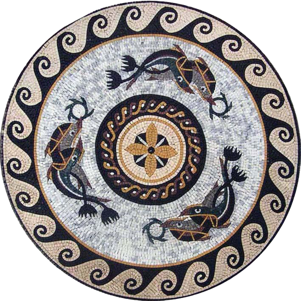 Mmb Circular Fish Motif - Marble Mosaic Nautical Medallion - Mesh Backing