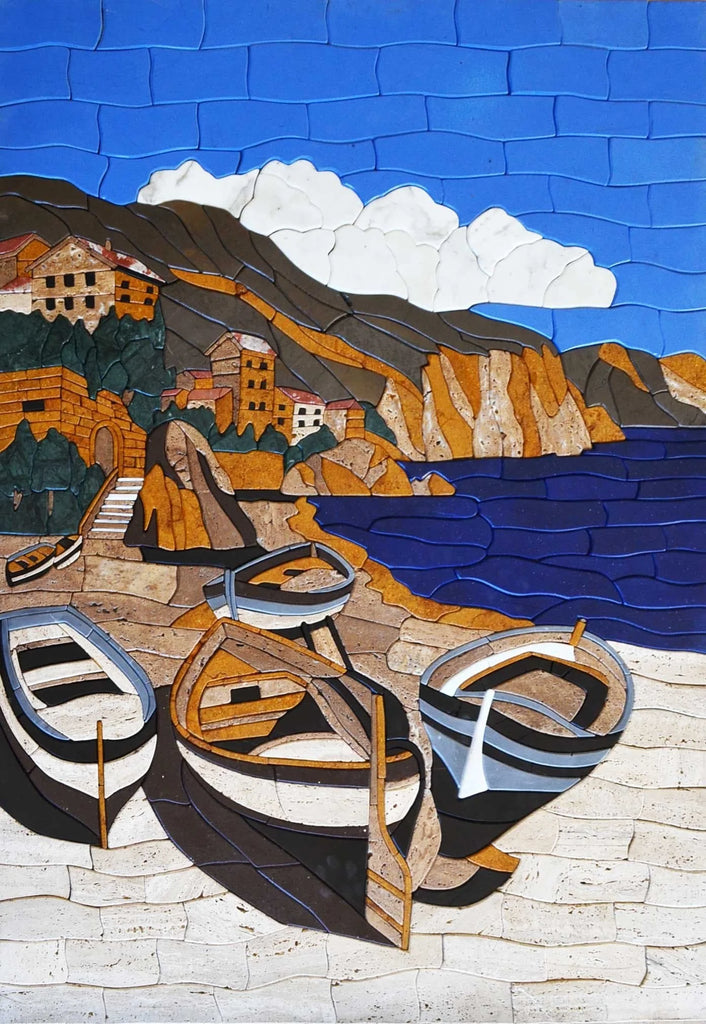 Barcos en la orilla - Arte de piedra de mosaico | Mozaico
