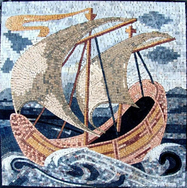Sailing Boat Motif - Marble Mosaic Pool Designs - Mesh Backing
