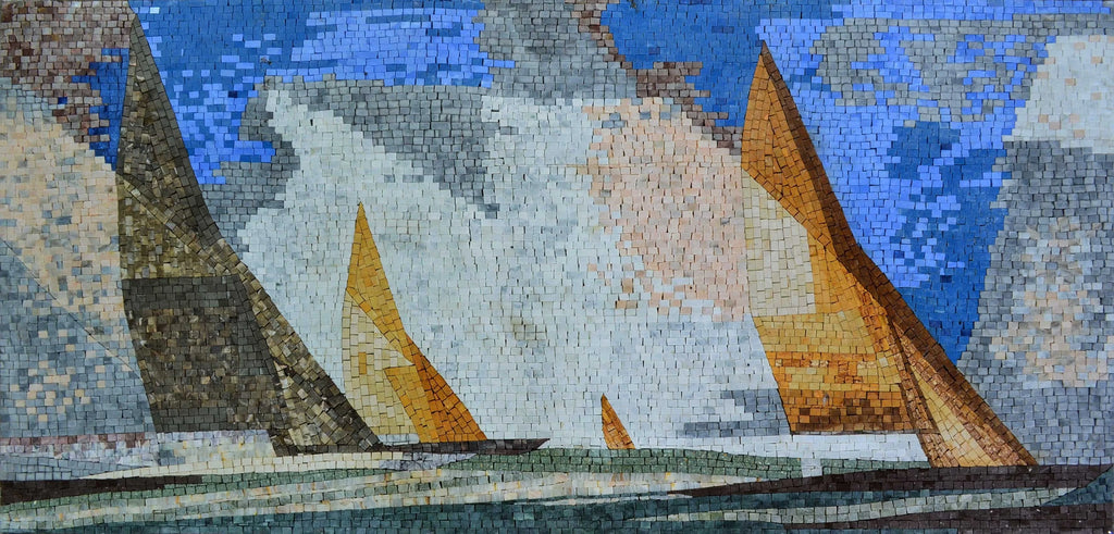 Mosaïque de marbre de bateaux à voile
