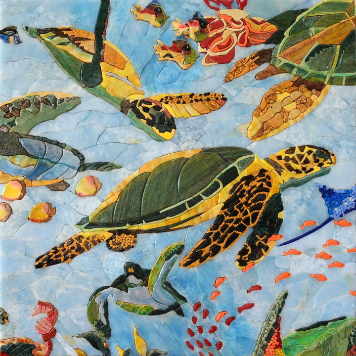 Harmonie sous-marine : tortues de mer et poissons en mosaïque d'art en pierre