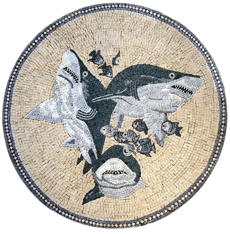 Arte em mosaico de medalhão de tubarões