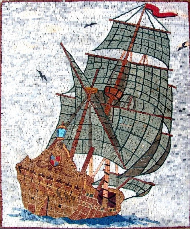 barco mosaico de mármol paisaje marino