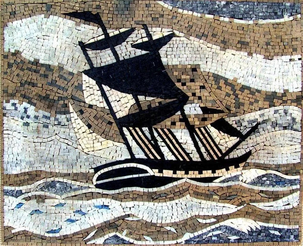 Sailing Ship - Marble Mosaic Nautical Scene - Mesh Backing