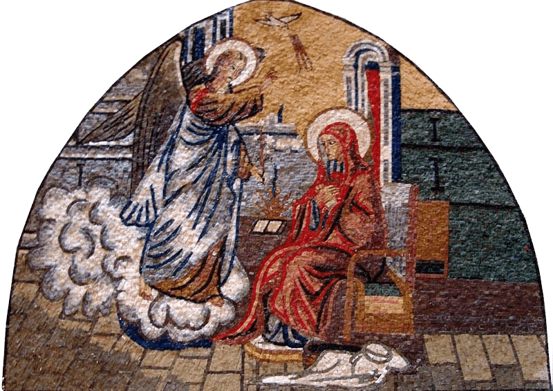 Annunciazione della Vergine Maria su un mosaico a forma di arco