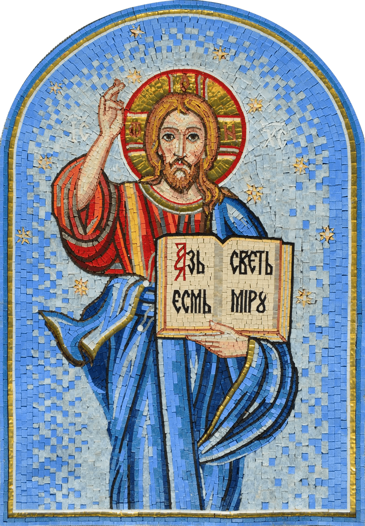 Mosaico arqueado Jesus Cristo segurando a Bíblia