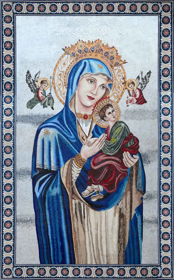 Virgin Mary And Baby Jesus - Marble Mosaic Religious - Mesh Backing