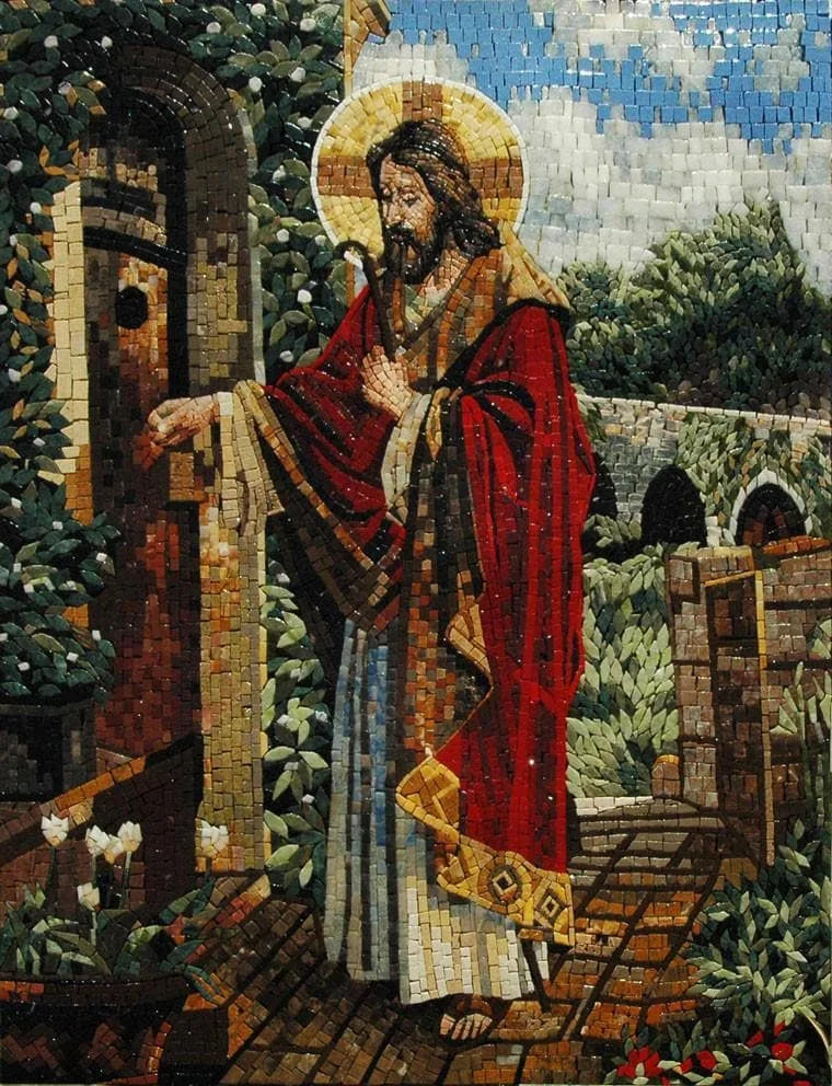 Hermoso mosaico de Jesucristo visitando aldeanos
