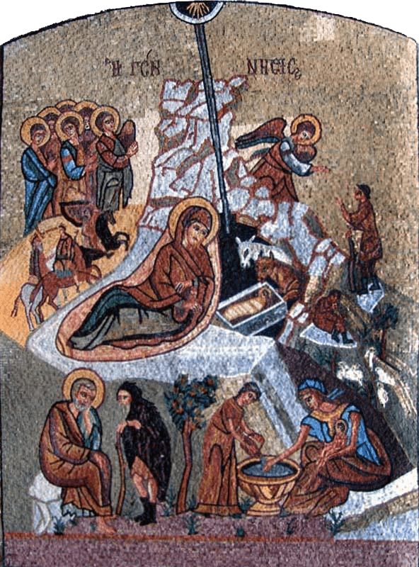 Mosaico de ícone cristão retratando diferentes estágios da vida de Jesus
