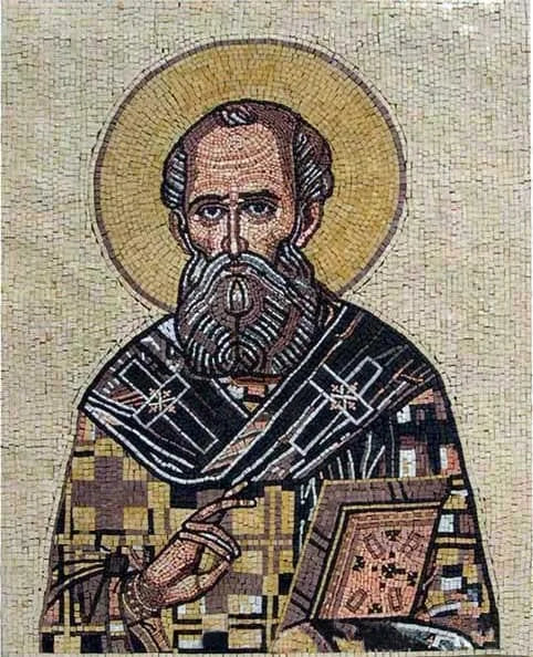 Christian Icon of a Saint in Marble Mosaic Tiles