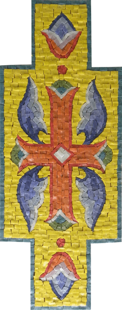 Instalação de mosaico de vidro amarelo em forma de cruz