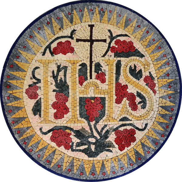 Patterned Ihs Symbol - Marble Mosaic Jesuit Art Christian Icon Medallion Handcrafted Luxury - Mesh Backing