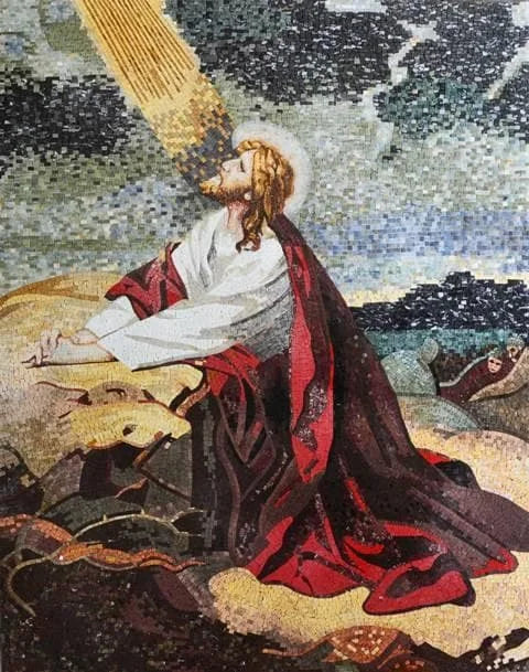 Jésus-Christ à genoux sur la mosaïque de marbre