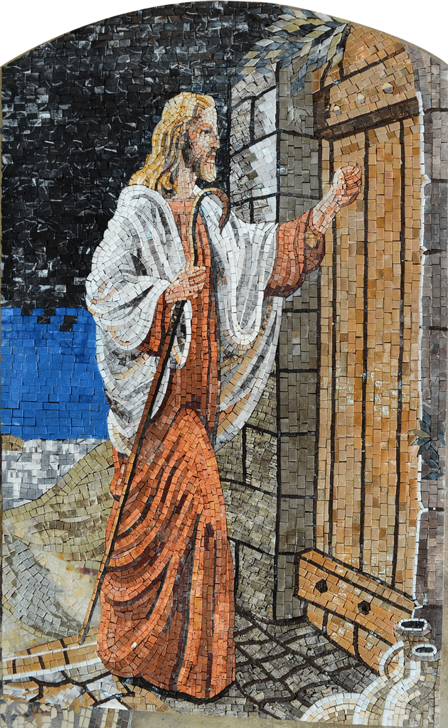 Jésus le berger frappe à la porte mosaïque de marbre religieux